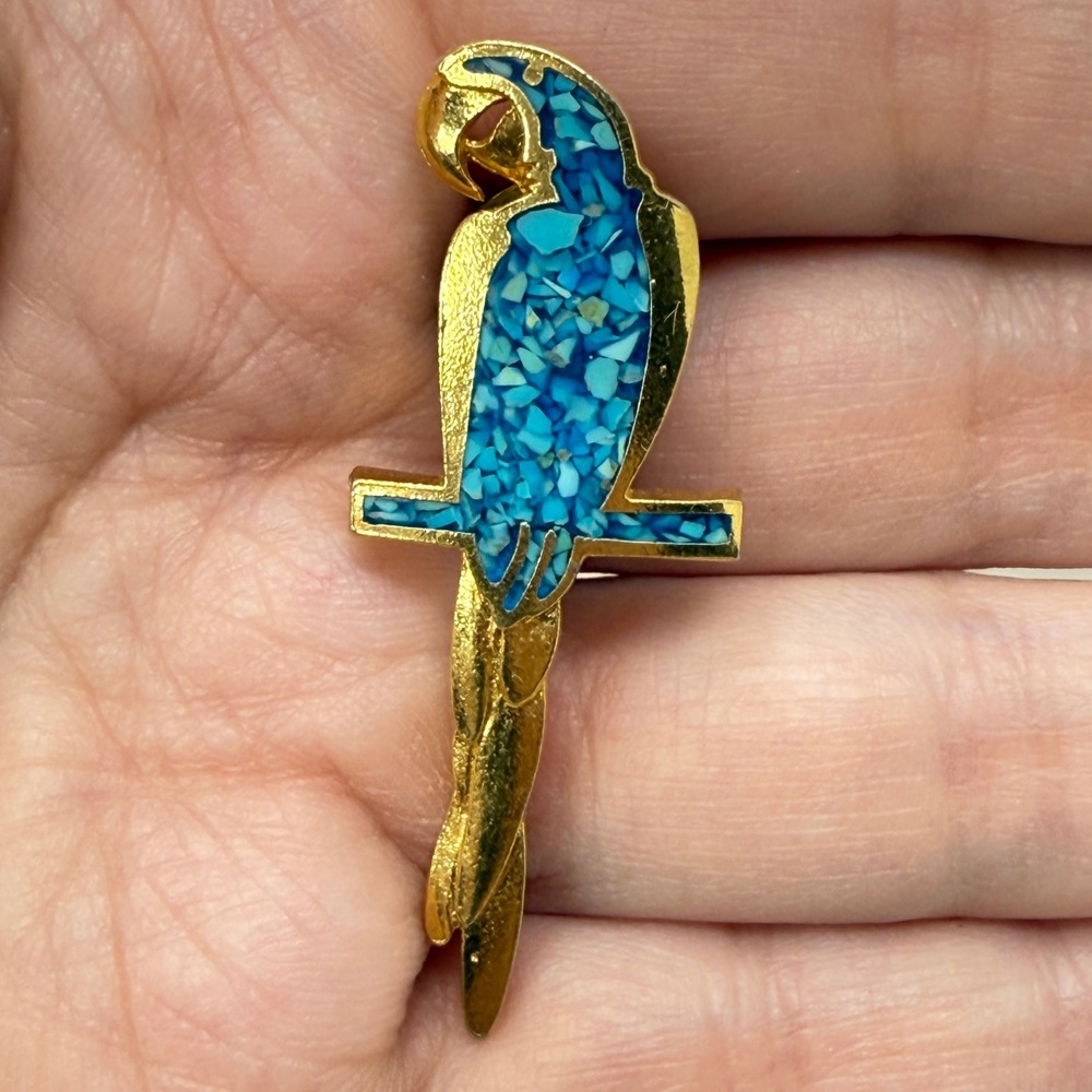 Parrot Pin Brooch Blue‎ Inlay Tropical Bird Gold Tone